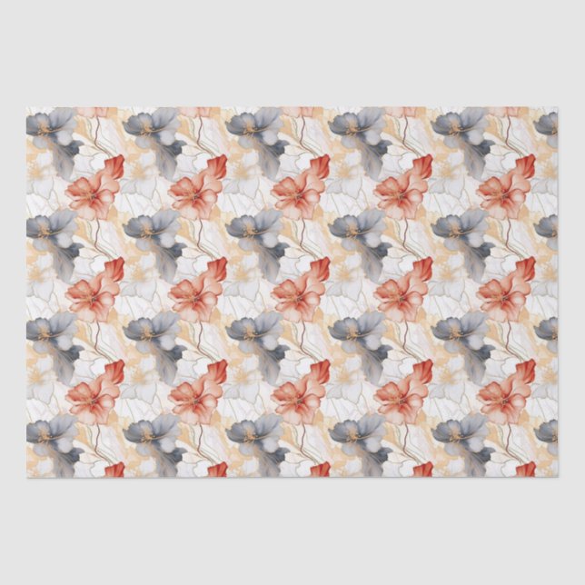 Papier Mousseline Belle Pêche Bleu Floral (Recto)