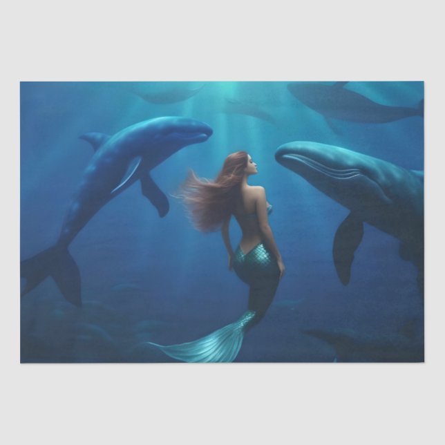 Papier Mousseline Belle Sirène Nager Avec Baleines À Bosse, (Recto)