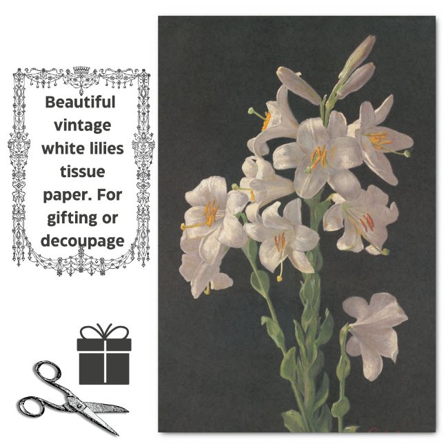 Papier Mousseline Belle Vintage Lys de Pâques blanc Papier Tissu (Beautiful vintage lily flowers tissue paper, for gifts or crafting projects.)