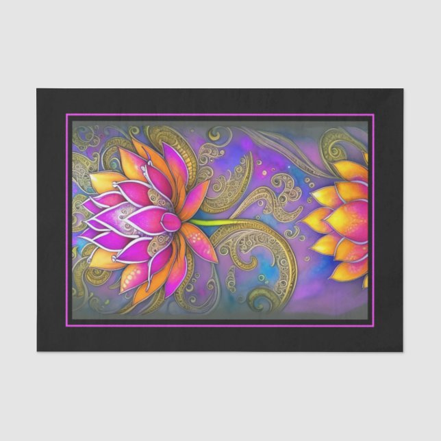 Papier Mousseline Belles Fleurs de Lotus Ornées Roses Vibrantes (Recto)