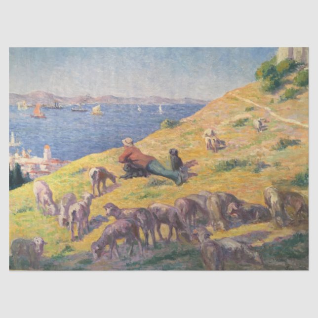 Papier Mousseline Berger avec son mouton regardant la mer (Recto)