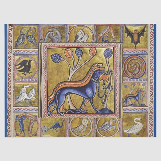 PAPIER MOUSSELINE BESTIAIRE MÉDIÉVAL, CHASSE DE CHIENS, ANIMAUX FORE (Recto)