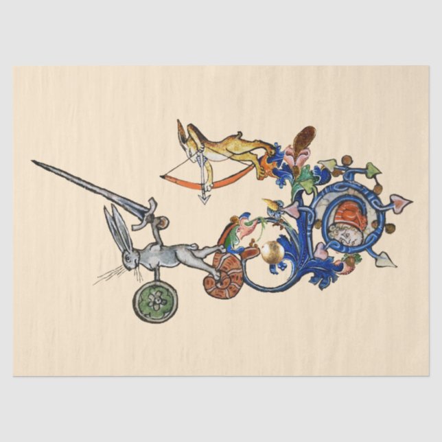 Papier Mousseline BESTIAIRE MÉDIÉVAL, Lapins meurtriers avec épée (Recto)