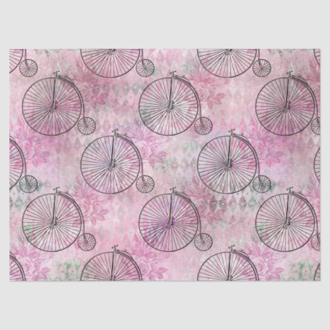 Papier Mousseline Bicyclettes à roues hautes sur découpage rose (Recto)