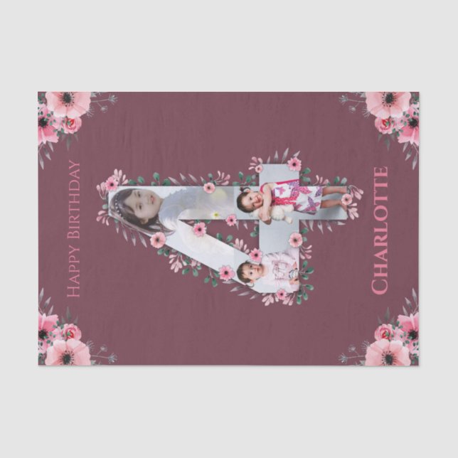 Papier Mousseline Big 4th Birthday Girl Photo Collage Fleur rose (Recto)