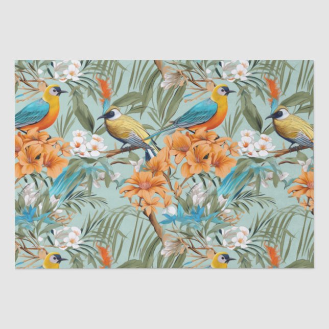Papier Mousseline Birds Chinoiserie Mint Orange (Recto)