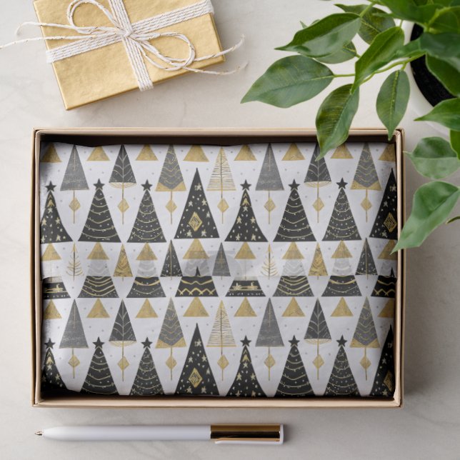 Papier Mousseline Black Gold Christmas Pattern#25 ID1009 (Cadeau)