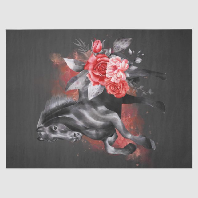 Papier Mousseline Black Horse Rose Whimsical Fairy Tale Aquarelle (Recto)