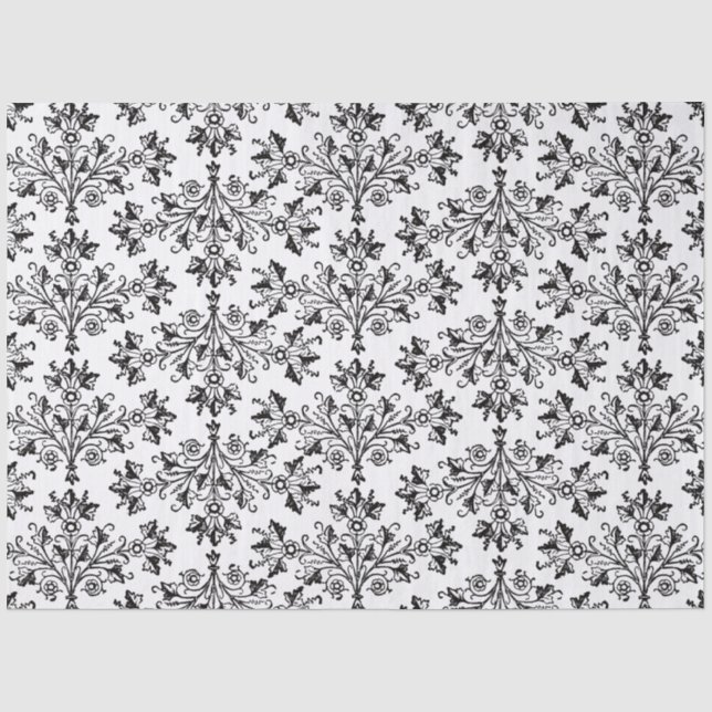 Papier Mousseline Black on White Elegant Floral Damask (Recto)