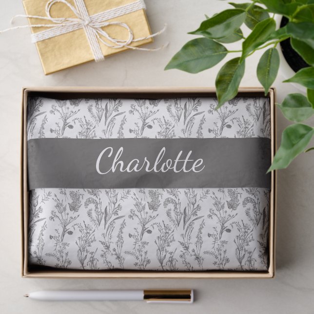 Papier Mousseline Black White Toile Floral Custom Name (Cadeau)