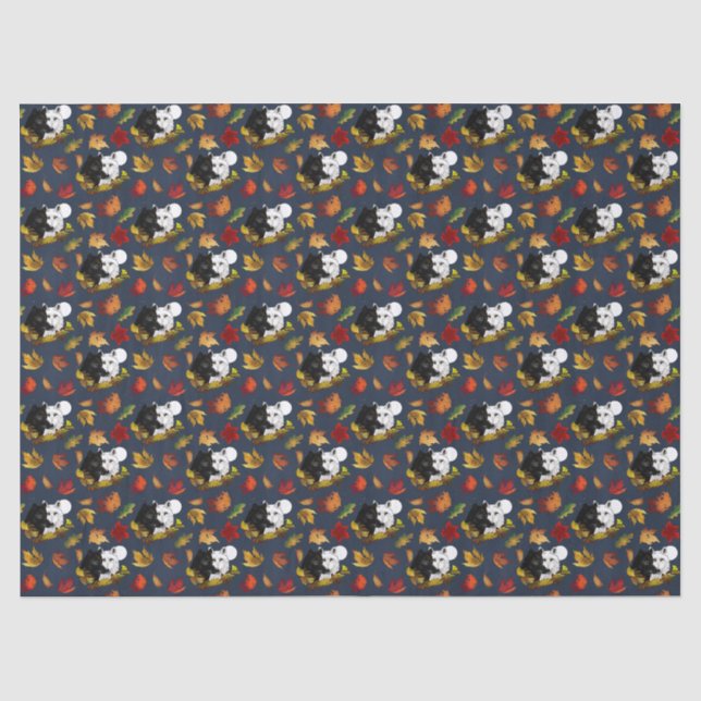 Papier Mousseline Black White Wolves Moonlight Autumn Leaves (Recto)