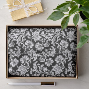 Papier Mousseline Blanc sur noir Motif de Damas florales