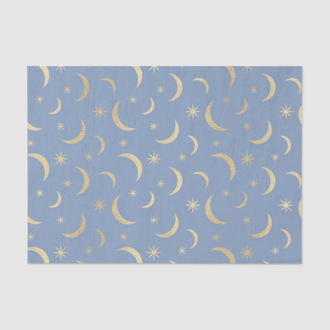 Papier Mousseline Bleu avec lunes d'or et soleils (Recto)