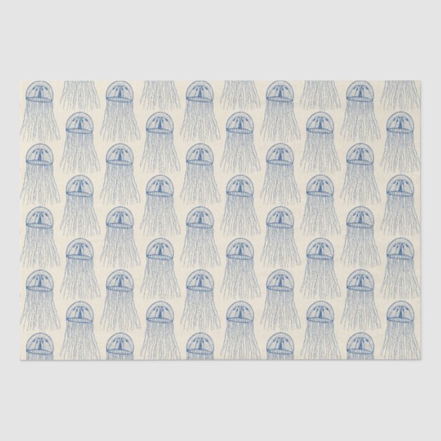 Papier Mousseline Bleu Beige Marine Life Jellyfish Motif (Recto)
