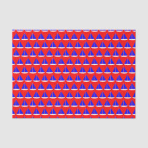 Papier Mousseline Bleu Blanc Nautique Bateaux à voile sur Rouge