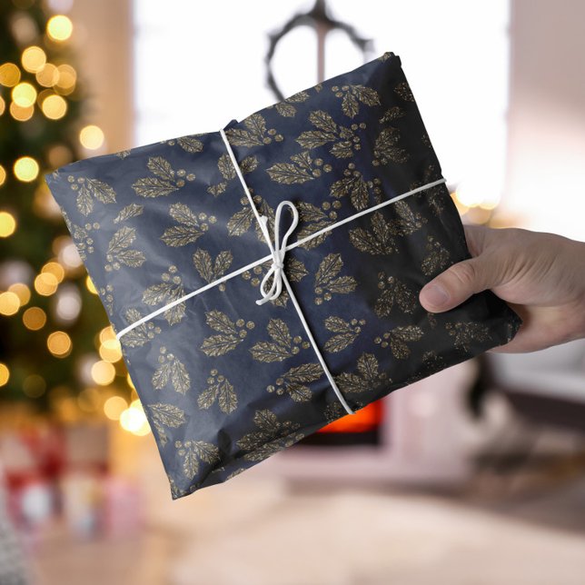 Papier Mousseline Bleu et or Holly Berry Noël (Blue and gold Holly Berry Christmas Tissue Paper)