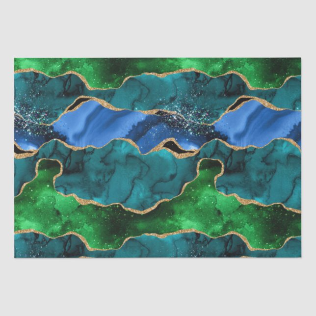 Papier Mousseline Bleu et vert Peacock Faux Parties scintillant Agat (Recto)
