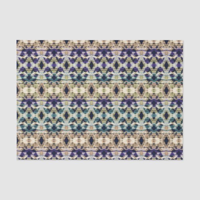 Papier Mousseline Bleu ethnique, ikat beige (Recto)