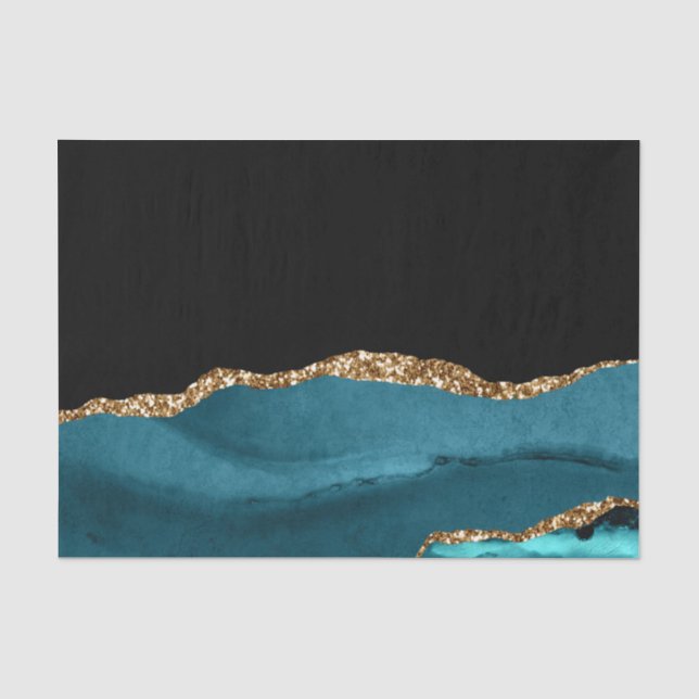 Papier Mousseline Bleu Marbre Agate Glamour Noir Golden Parties scin (Recto)