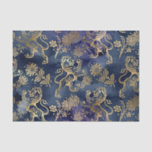 Papier Mousseline Bleu marine et lion floral doré