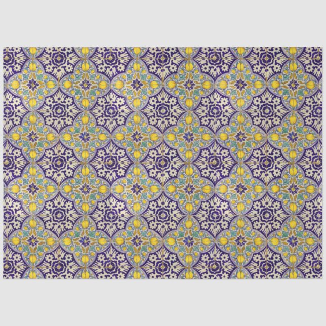 Papier Mousseline Bleu Méditerranée Motif Fleurs Jaunes (Recto)