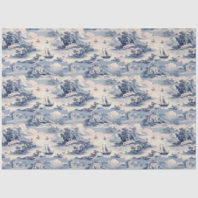 Papier Mousseline Bleu moderne Stom Océan Toile de Jouy Motif (Recto)