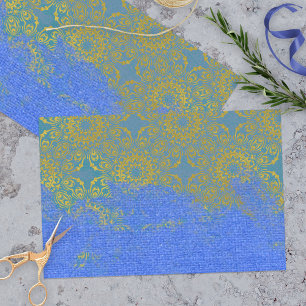 Papier Mousseline Bleu or désossé Damas motif toile texture