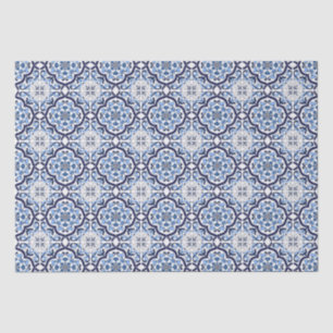 Papier Mousseline Bleu Orné Floral Méditerranéen Carrelage Sicilien