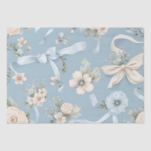 Papier Mousseline Bleu pâle et blanc Fowers et vaches (Recto)