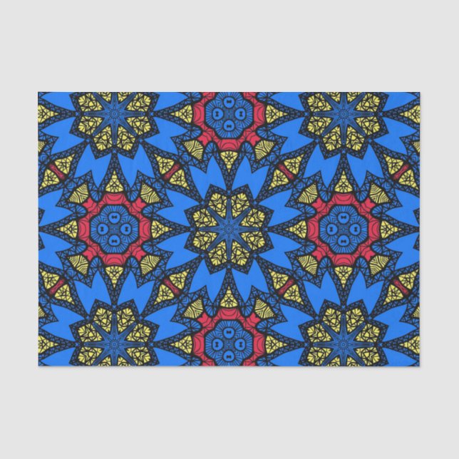 Papier Mousseline Bleu Rouge Jaune Tribal Africain Motif ethnique (Recto)