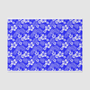 PAPIER MOUSSELINE BLEU ROYAL AVEC FLEURS HIBISCUS BLANC TROPICAL