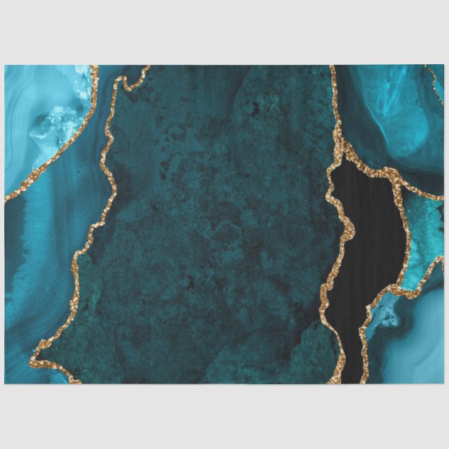 Papier Mousseline Bleu sarcelle et or Faux paillettes d'agate (Recto)