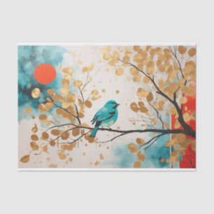 Papier Mousseline Bleu Songbird Sur Golden Feuille Tree Branch