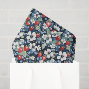 Papier Mousseline Bleuets Et Fraises Floral