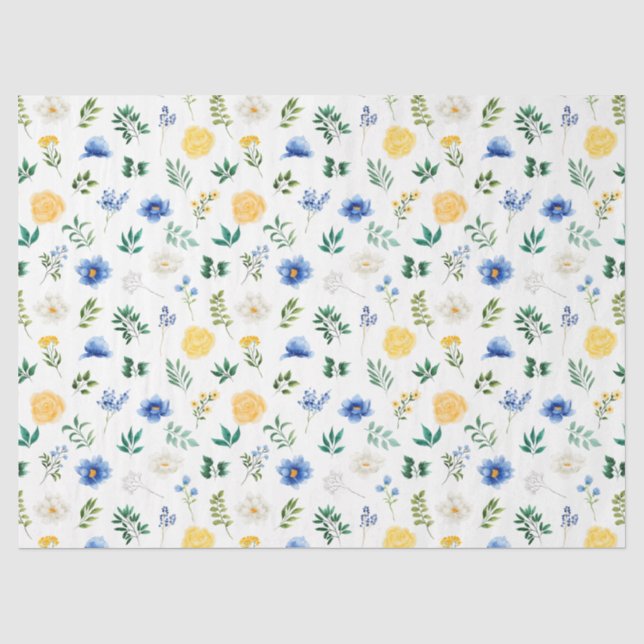 Papier Mousseline Blue and Yellow Flowers with Foliage Pattern (Recto)