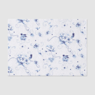 Papier Mousseline Blue Bird Rose Chinoiserie Floral