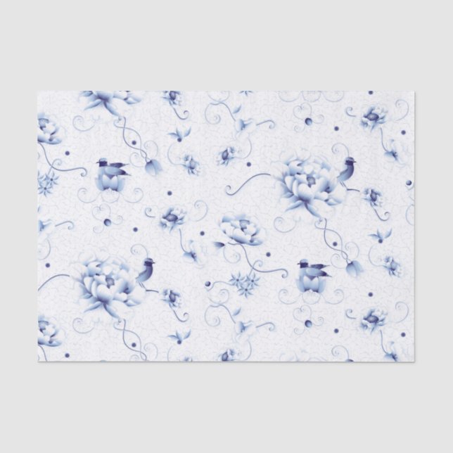 Papier Mousseline Blue Bird Rose Chinoiserie Floral (Recto)