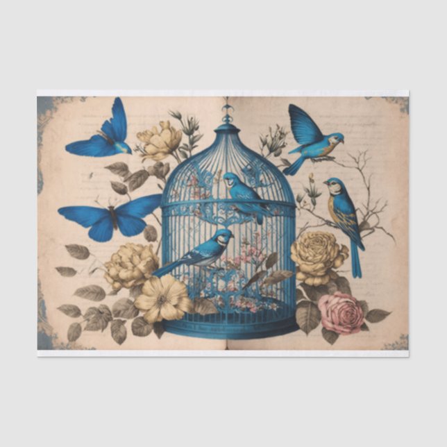 Papier Mousseline Blue Birds Paradise Birdcage papillons découpage (Recto)