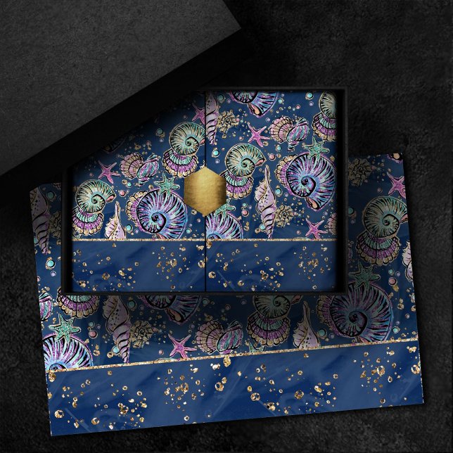 Papier Mousseline Blue Luxe sous-marin | Coquillages d'or Pastel (Créateur téléchargé)