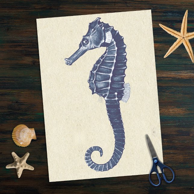 Papier Mousseline Blue Marine Life Sehorse sur Beige Antique Papier (Créateur téléchargé)