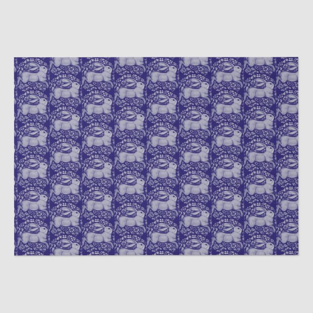 Papier Mousseline Blue Rabbit Bird Circle Morris Style Motif (Recto)