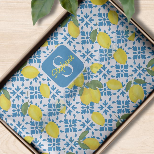 Papier Mousseline Blue Tile French Country Lemon Pattern Monogram  (Créateur téléchargé)