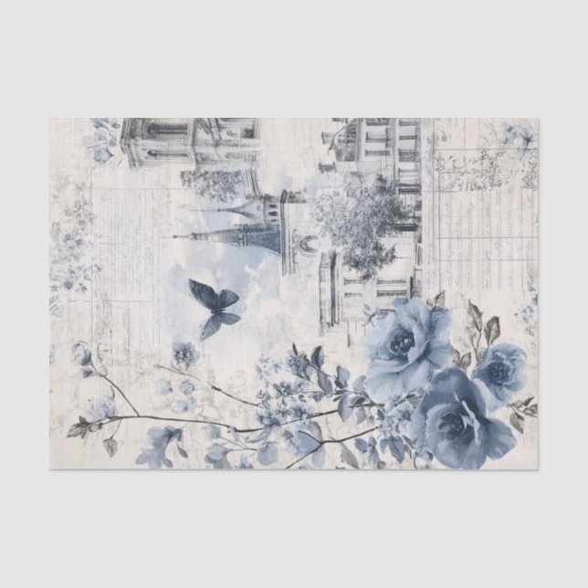 Papier Mousseline Blue Vintage Collage with Roses and Architecture (Recto)