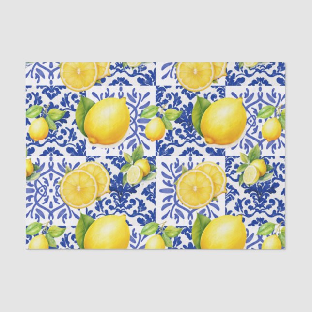 Papier Mousseline Blue White Lemon Tile Pattern Mediterranean Citrus (Recto)