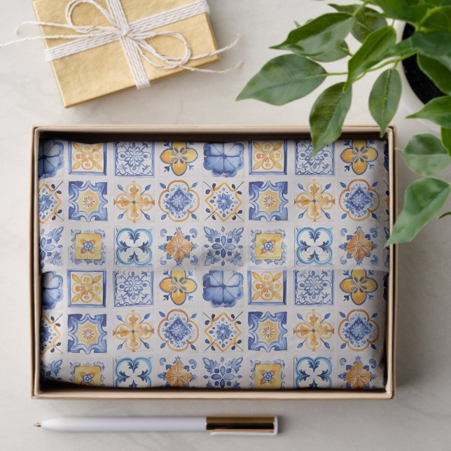 Papier Mousseline Blue White Yellow Tiles Pattern Summer Aesthetic  (Cadeau)