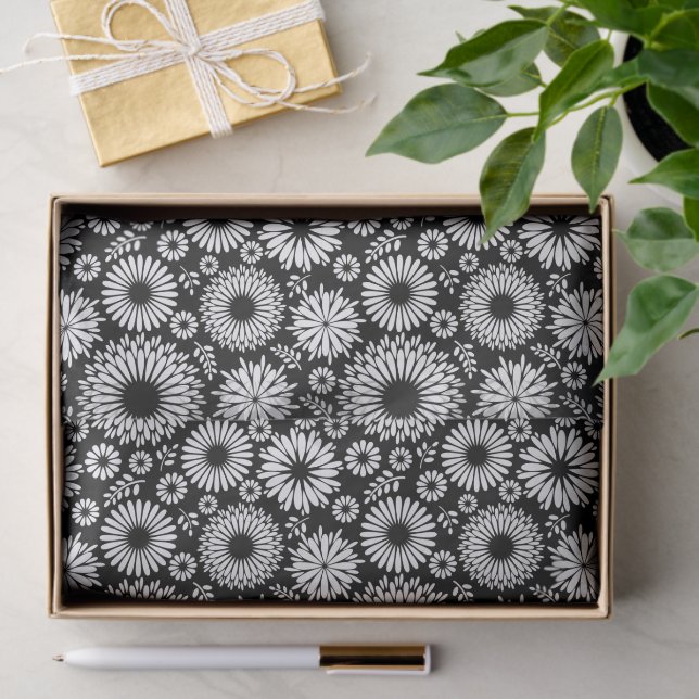 Papier Mousseline Boho Black and White Folk Flower Starburst Pattern (Cadeau)