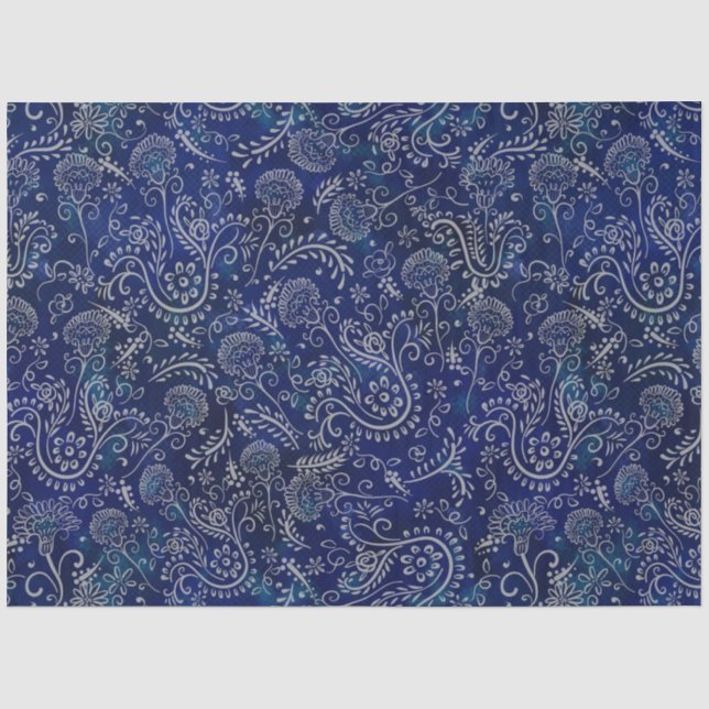 Papier Mousseline Boho Bleu Botaniques Belles Fleurs (Recto)