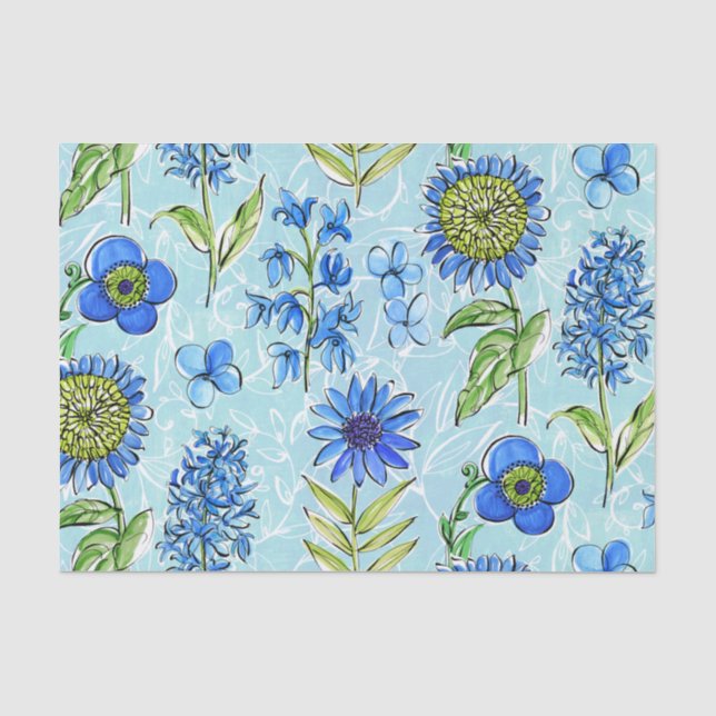 Papier Mousseline Boho Floral Blue Decoupage (Recto)