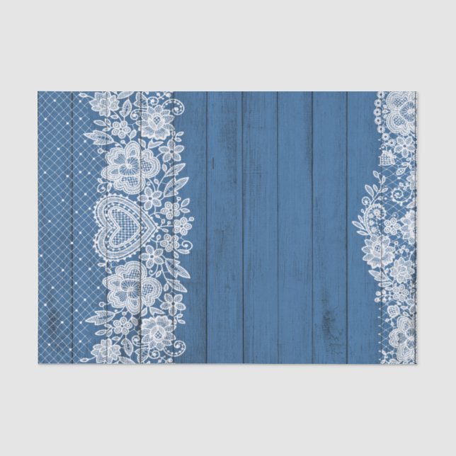 Papier Mousseline Bois Rustique Bleu & Dentelle Blanche Fermette Chi (Recto)