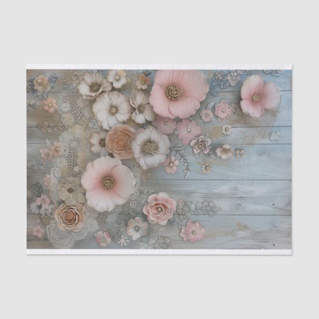 Papier Mousseline Bois rustique, Dentelle, Fleurs Pastel Découpage (Recto)